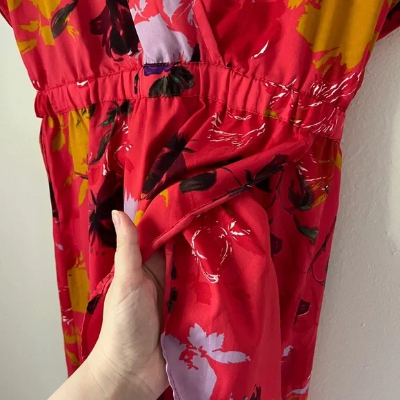 Strawberry Red Floral Romantic V-neck Midi High-low Dress High Waist Crossover L - Picture 6 of 11